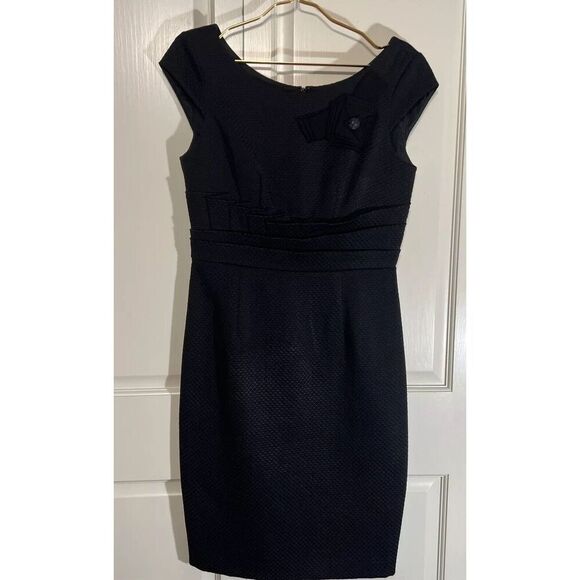 Kay Unger Black Dress 8 Silk Cocktail Party Short Sleeve Textured - Picture 1 of 9